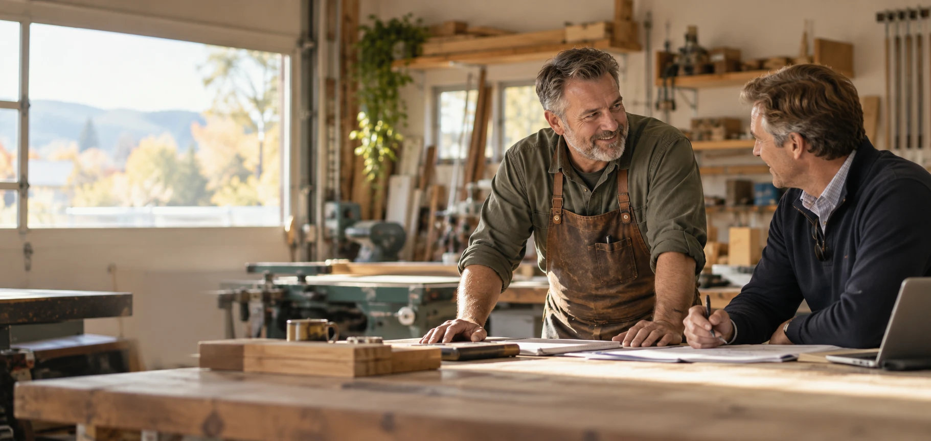 A woodworking shop owner talking through plans with an advisor at his workbench